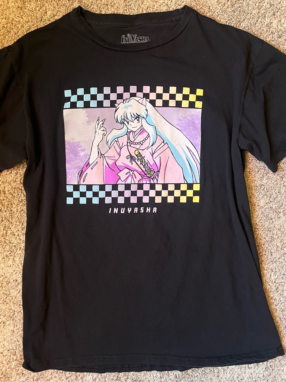 Inuyasha Anime Graphic Tee with Pastel Checkerboard